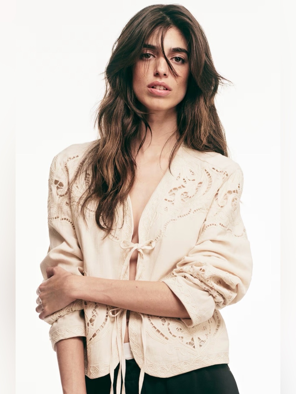 H&M Linen-Blend Eyelet-Embroidered Jacket For Women (Light beige) NWT medium